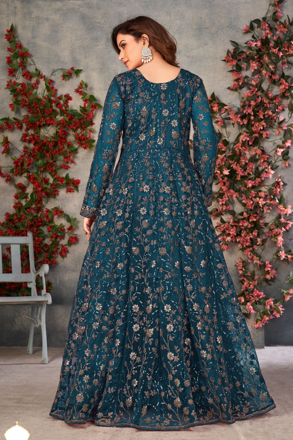 Teal Net Anarkali for Designer Wedding Suits for Women with Sequins and Thread Work