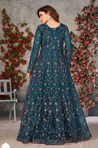 Teal Net Anarkali for Designer Wedding Suits for Women with Sequins and Thread Work