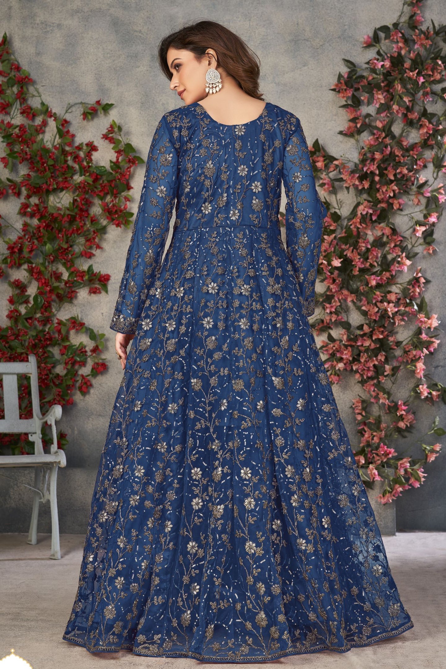 Blue Net Anarkali Dress for Women with Thread and Sequins Work