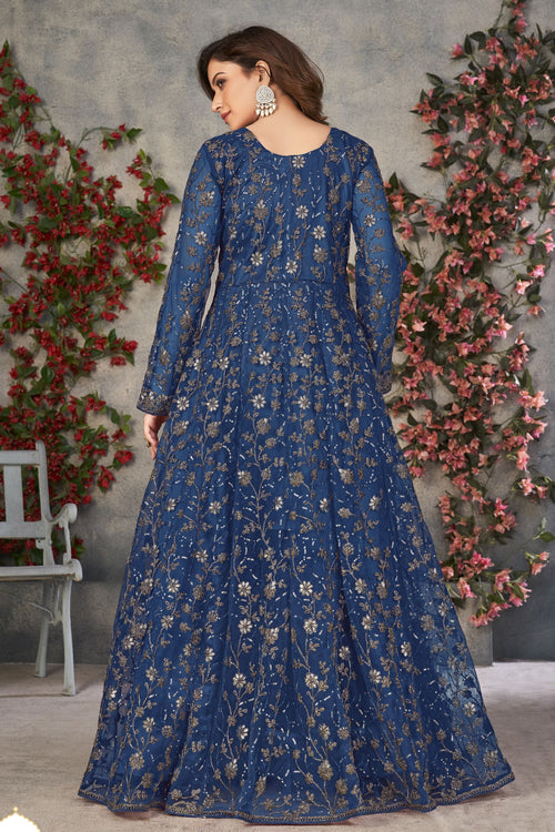 Blue Net Anarkali Dress for Women with Thread and Sequins Work