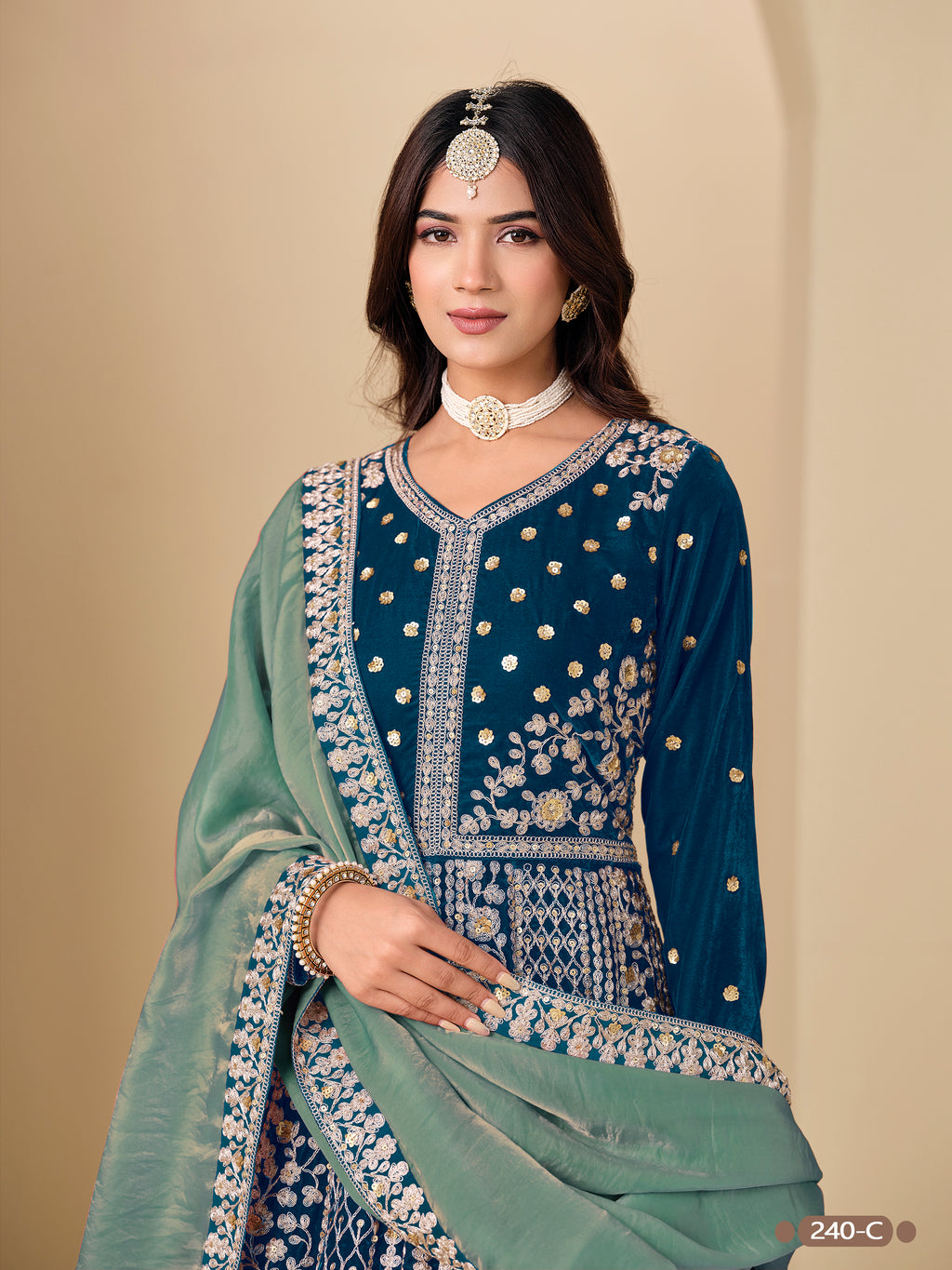 Teal Velvet Suit Women Anarkali with Dori and Sequins Work