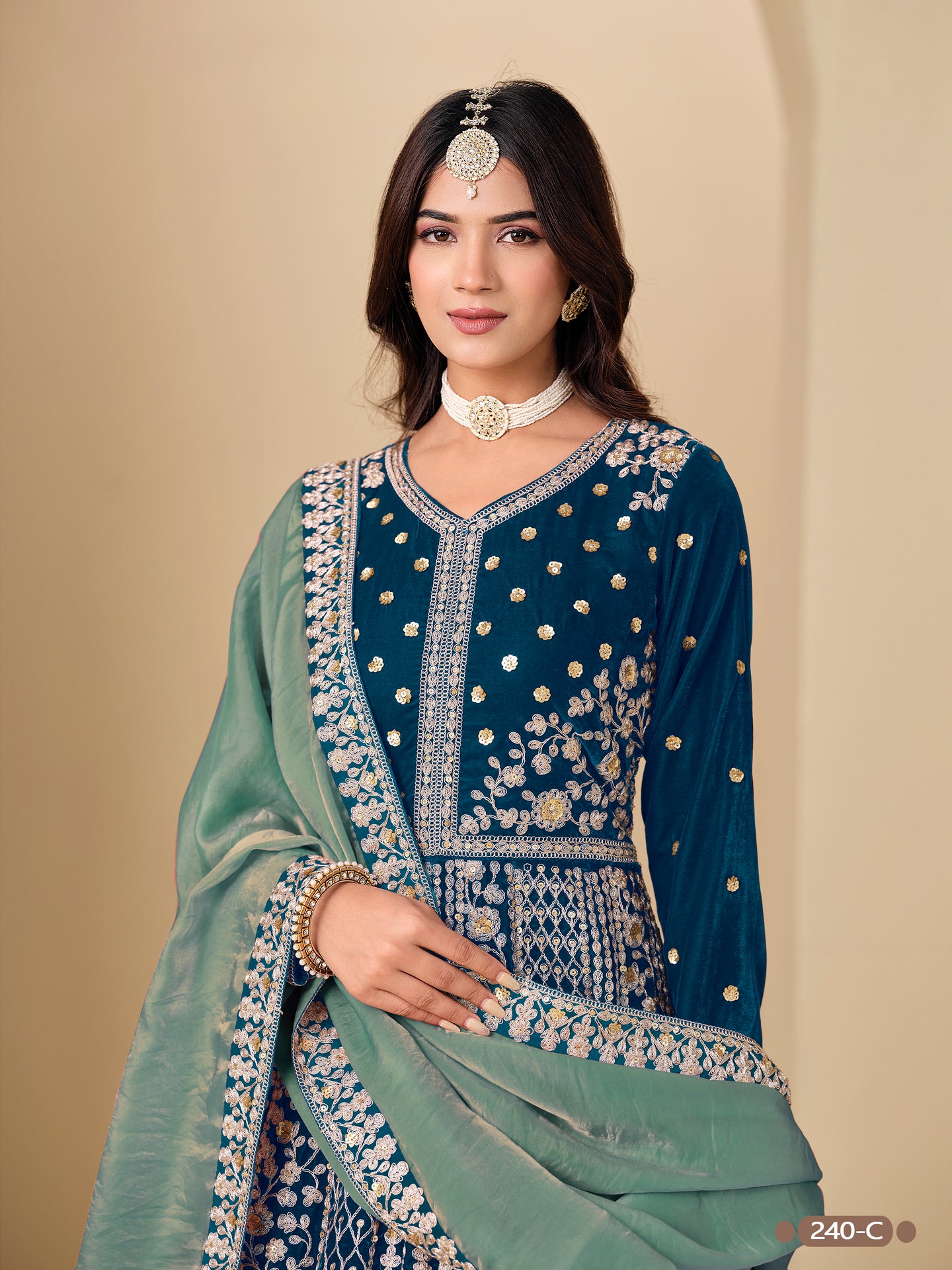 Teal Velvet Suit Women Anarkali with Dori and Sequins Work