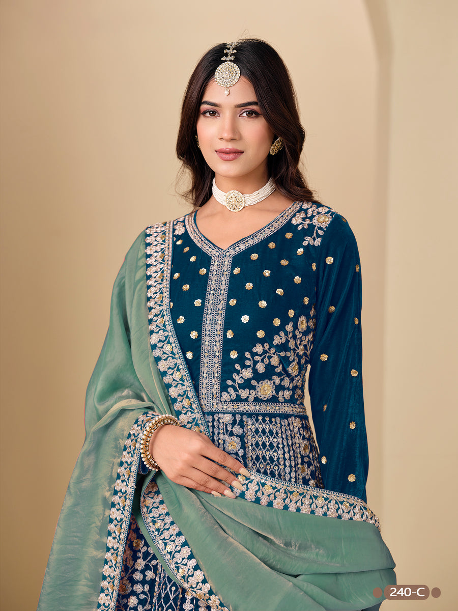 Teal Velvet Suit Women Anarkali with Dori and Sequins Work