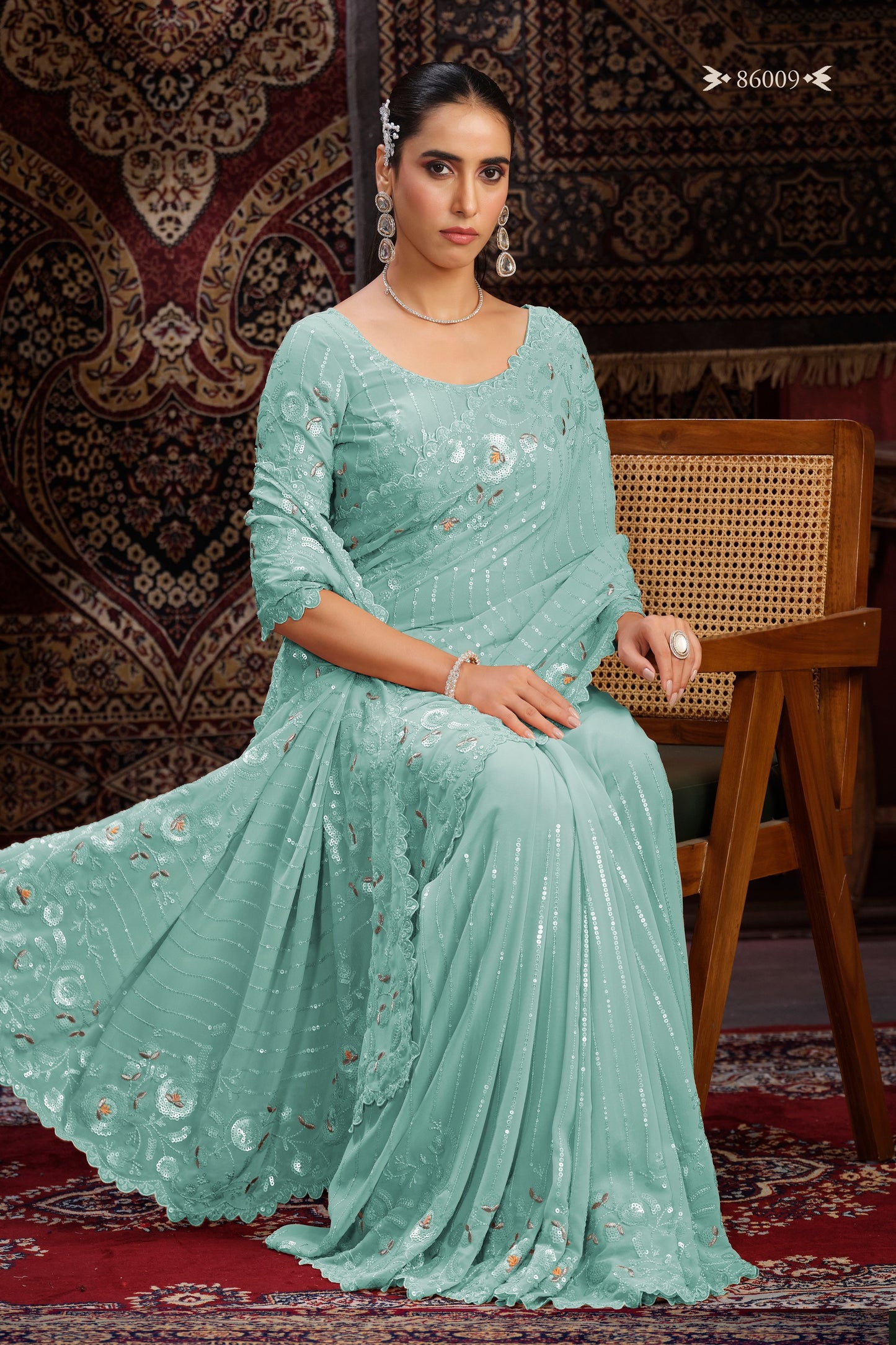 Turquoise Georgette Saree Sari For Indian Festival & Weddings - Sequence Embroidery Work, Thread Embroidery Work, Zari Work