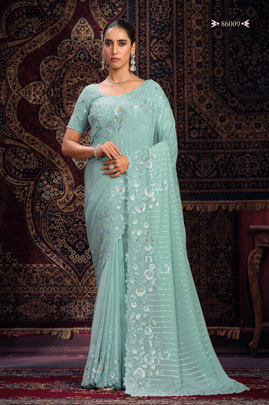 Turquoise Georgette Saree Sari For Indian Festival & Weddings - Sequence Embroidery Work, Thread Embroidery Work, Zari Work