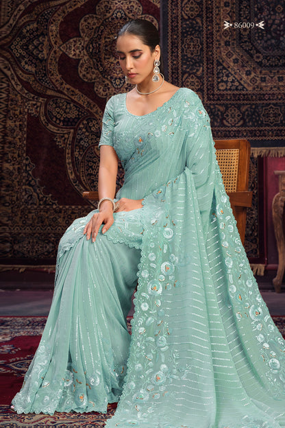 Turquoise Georgette Saree Sari For Indian Festival & Weddings - Sequence Embroidery Work, Thread Embroidery Work, Zari Work