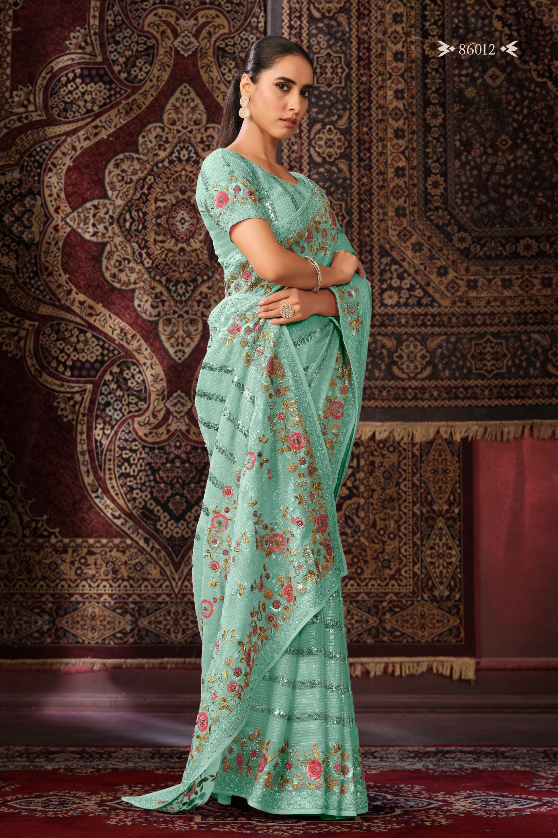 Turquoise Georgette Sari Saree For Indian Festival & Weddings - Thread Embroidery Work, Sequence Embroidery Work, Zari Work, Zarkan Work