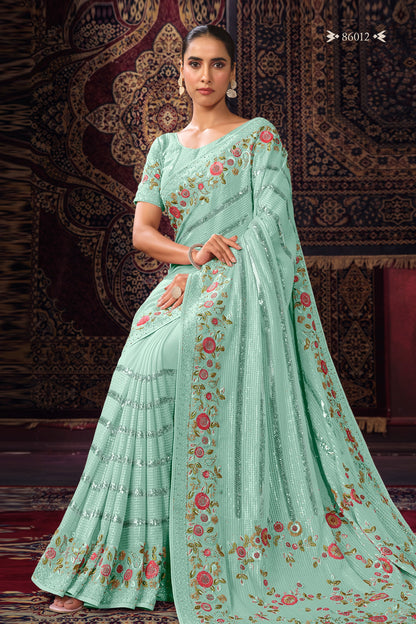 Turquoise Georgette Sari Saree For Indian Festival & Weddings - Thread Embroidery Work, Sequence Embroidery Work, Zari Work, Zarkan Work