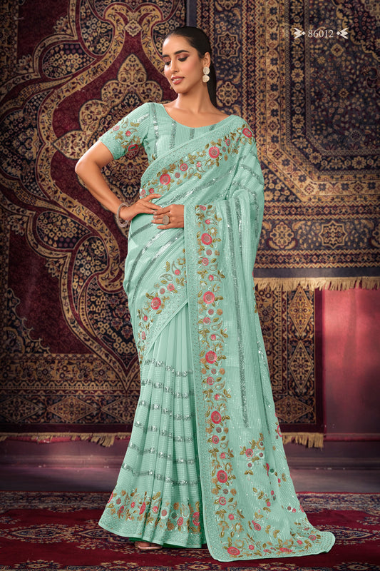 Turquoise Georgette Sari Saree For Indian Festival & Weddings - Thread Embroidery Work, Sequence Embroidery Work, Zari Work, Zarkan Work