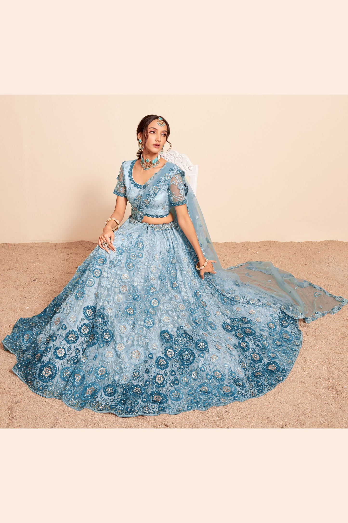 Turquoise Net Embroidered Floral Lehenga Choli For Indian Festivals & Weddings - Thread & Sequence Embroidery Work, Zari Work, Zarkan Work, Hand Embellishment Work