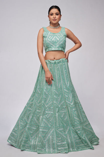 Turquoise Soft Net Lehenga Choli For Indian Festivals & Weddings - Sequins Work, Dori Work, Zarkan Work