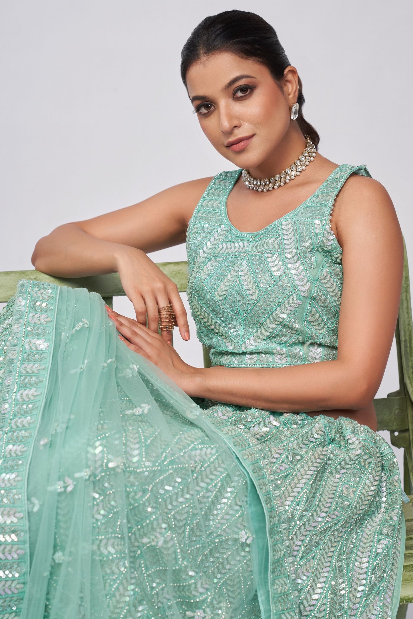 Turquoise Soft Net Lehenga Choli For Indian Festivals & Weddings - Sequins Work, Dori Work, Zarkan Work