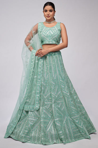 Turquoise Soft Net Lehenga Choli For Indian Festivals & Weddings - Sequins Work, Dori Work, Zarkan Work