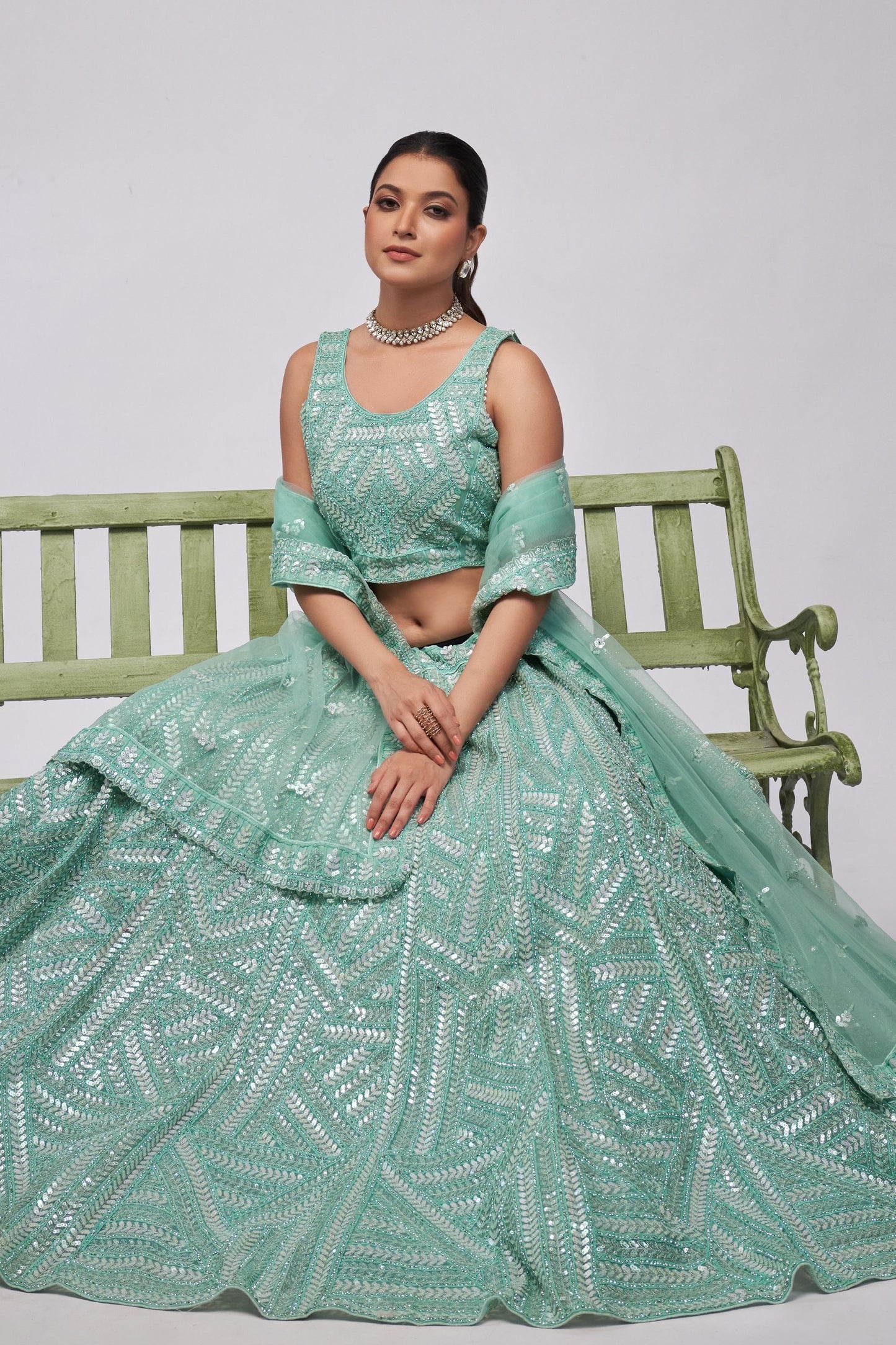 Turquoise Soft Net Lehenga Choli For Indian Festivals & Weddings - Sequins Work, Dori Work, Zarkan Work