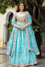 Turquoise Organza Floral Lehenga Choli For Indian & Pakistani Wedding Festival - Zari Work, Print Work, Sequence Embroidery Work