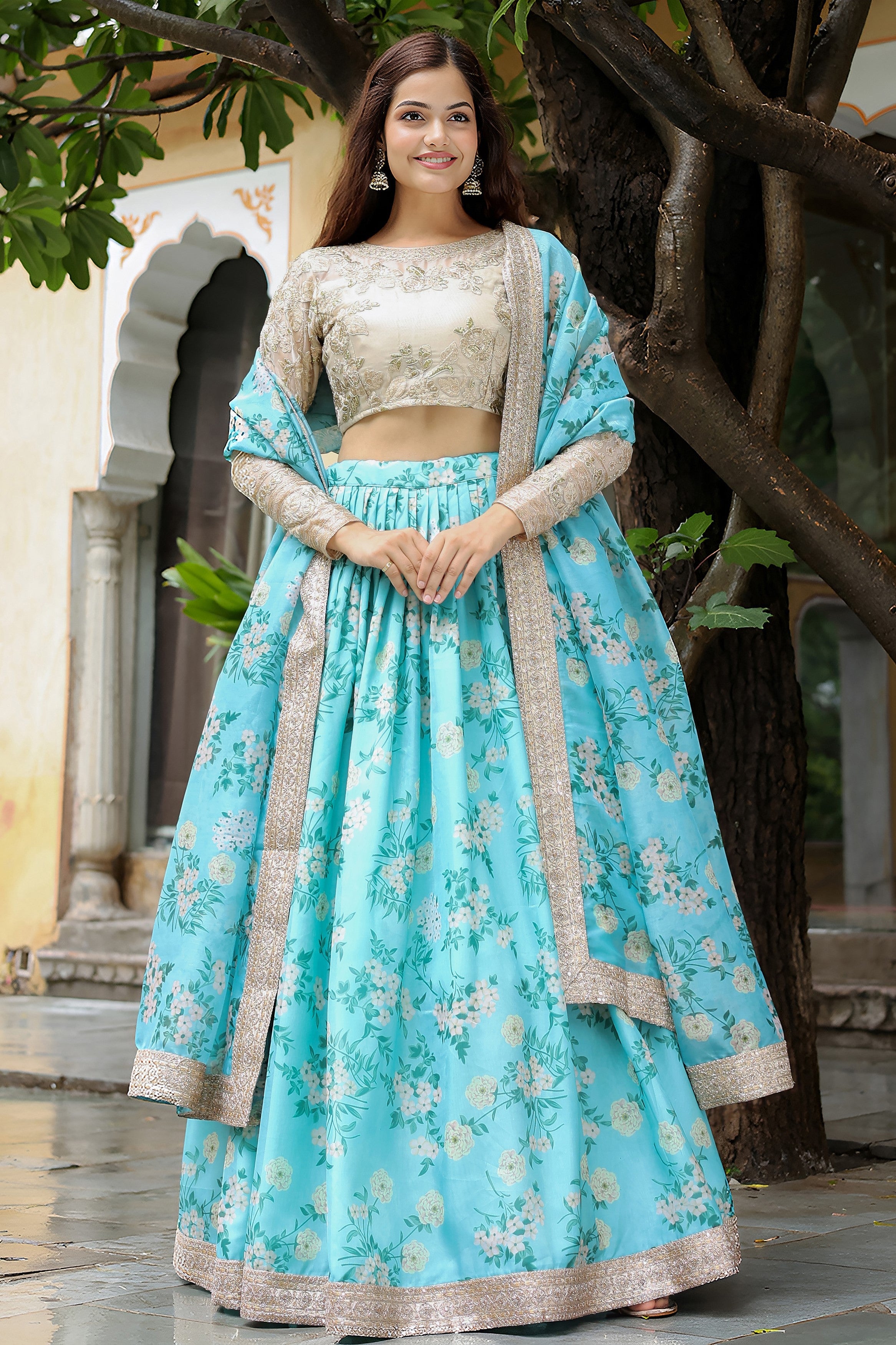 Turquoise Organza Floral Lehenga Choli For Indian & Pakistani Wedding Festival - Zari Work, Print Work, Sequence Embroidery Work