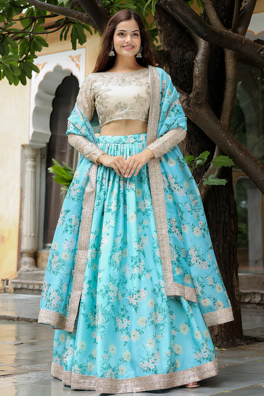 Turquoise Organza Floral Lehenga Choli For Indian & Pakistani Wedding Festival - Zari Work, Print Work, Sequence Embroidery Work