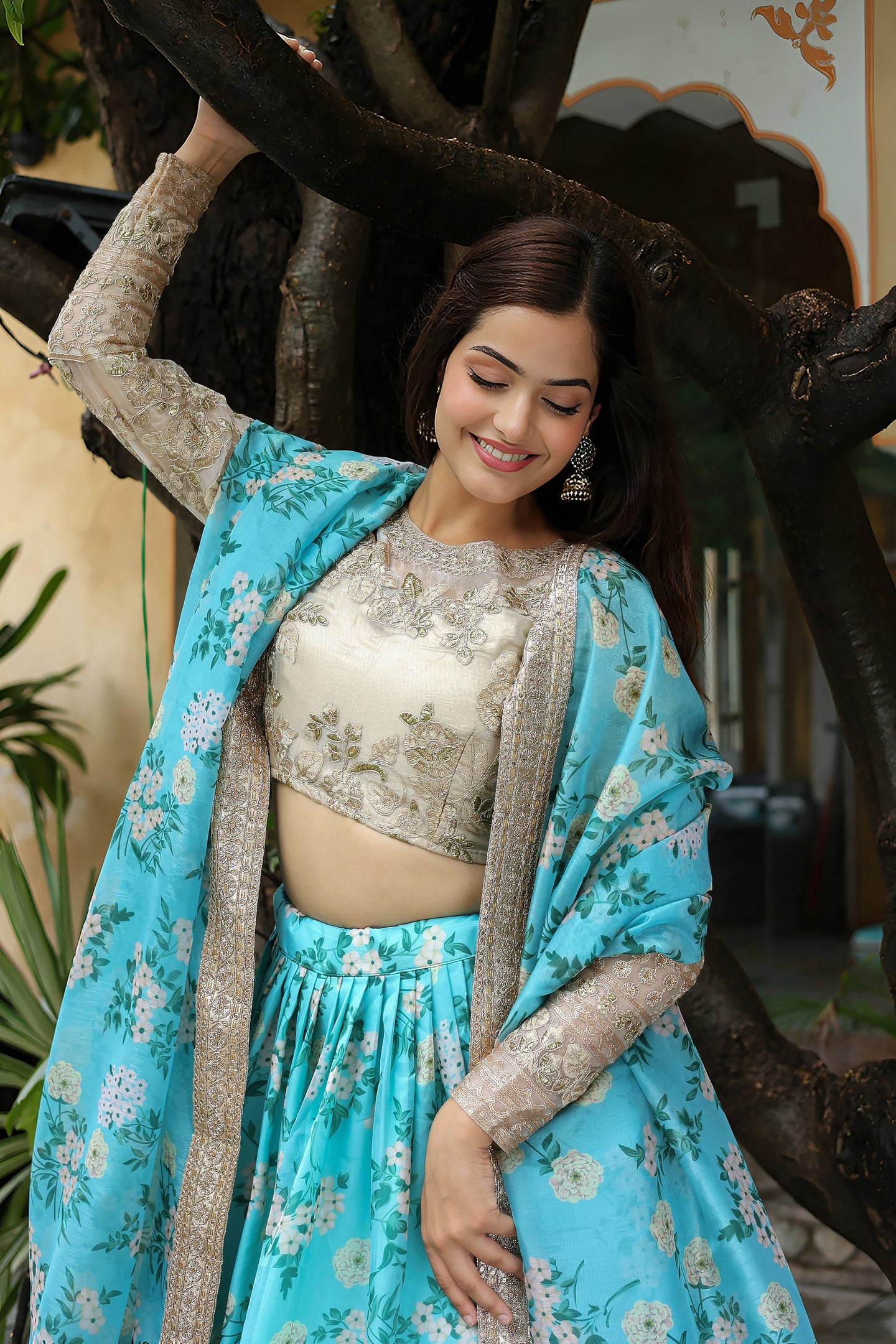 Turquoise Organza Floral Lehenga Choli For Indian & Pakistani Wedding Festival - Zari Work, Print Work, Sequence Embroidery Work