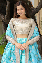 Turquoise Organza Floral Lehenga Choli For Indian & Pakistani Wedding Festival - Zari Work, Print Work, Sequence Embroidery Work