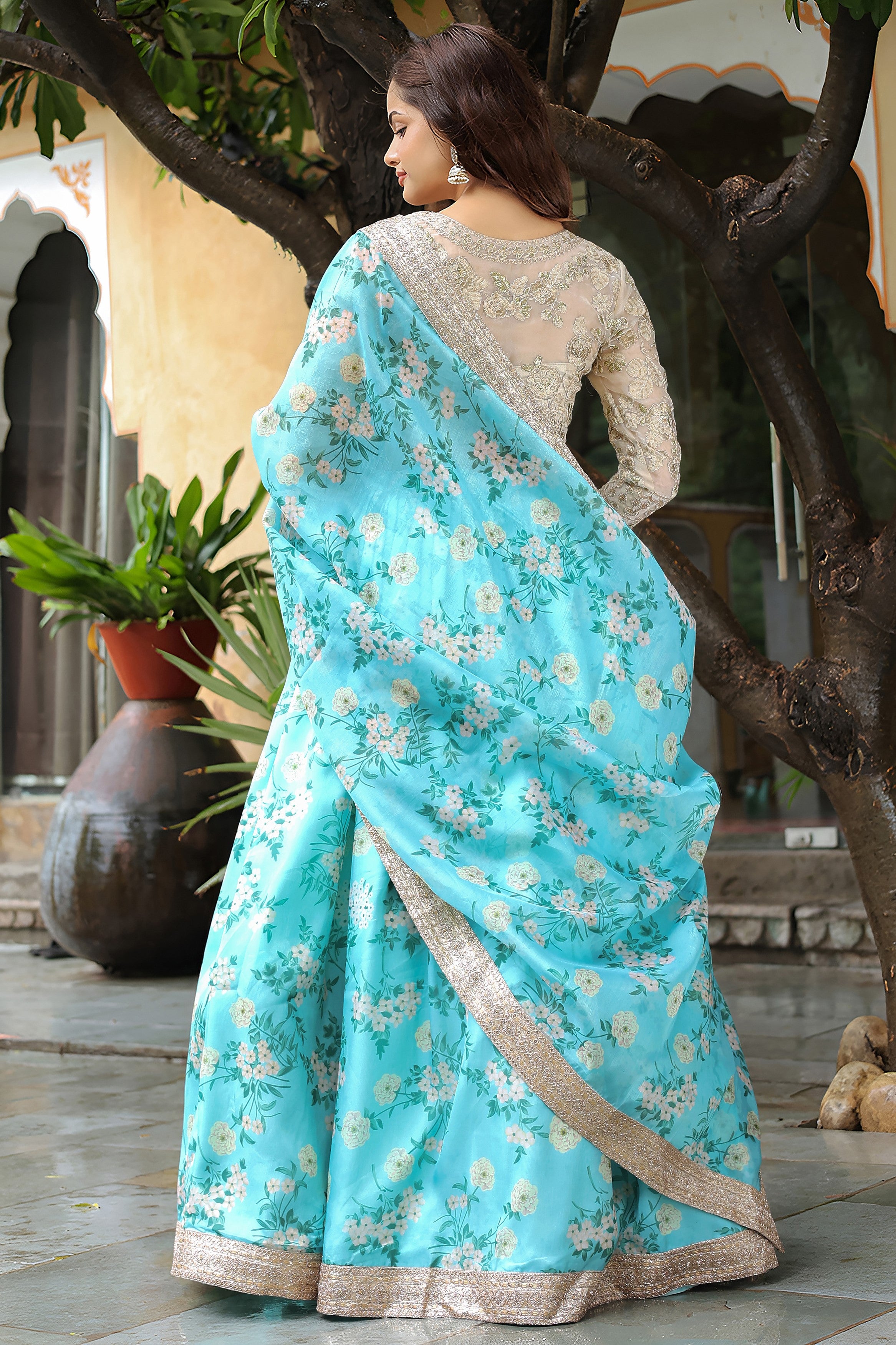 Turquoise Organza Floral Lehenga Choli For Indian & Pakistani Wedding Festival - Zari Work, Print Work, Sequence Embroidery Work