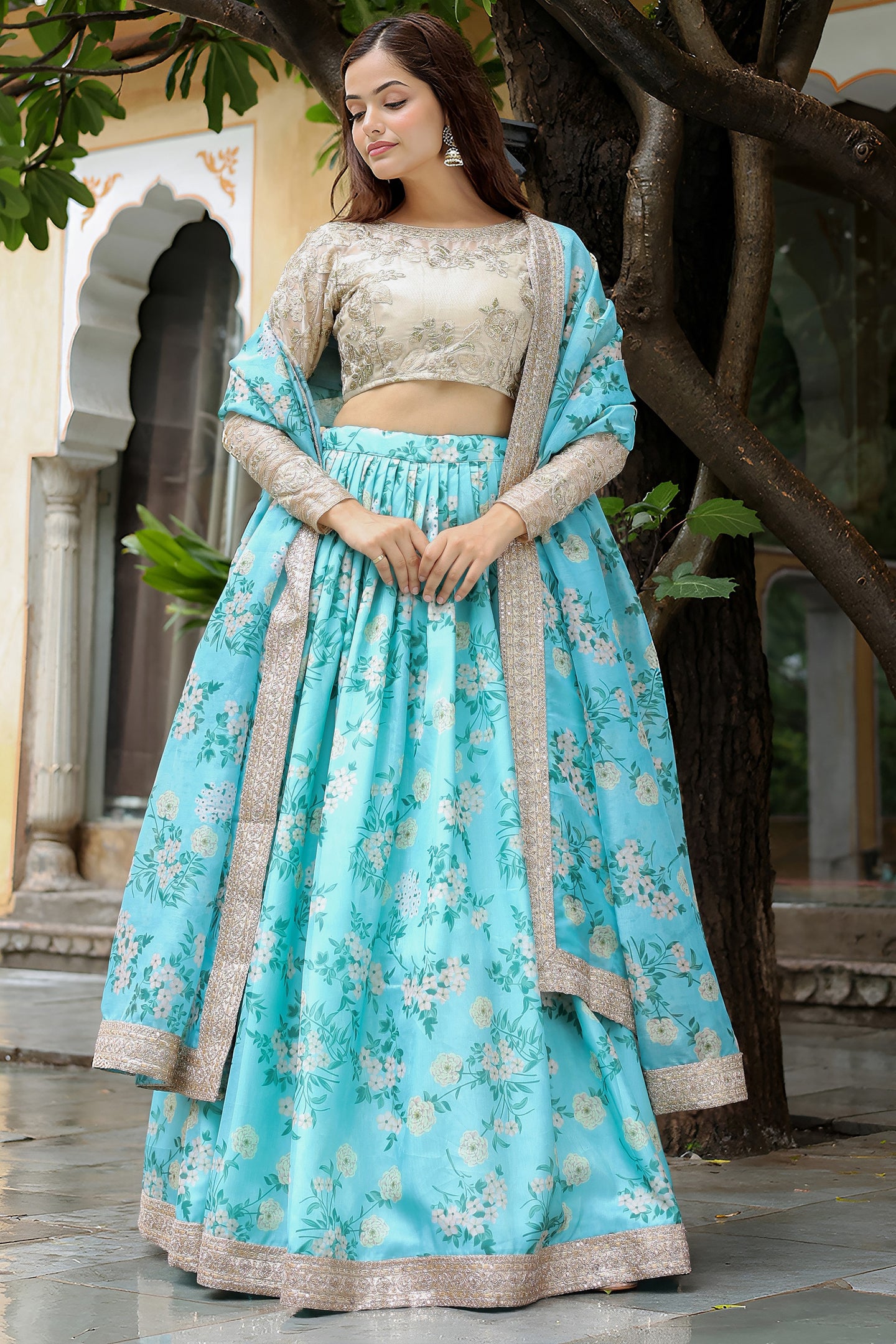 Turquoise Organza Floral Lehenga Choli For Indian & Pakistani Wedding Festival - Zari Work, Print Work, Sequence Embroidery Work