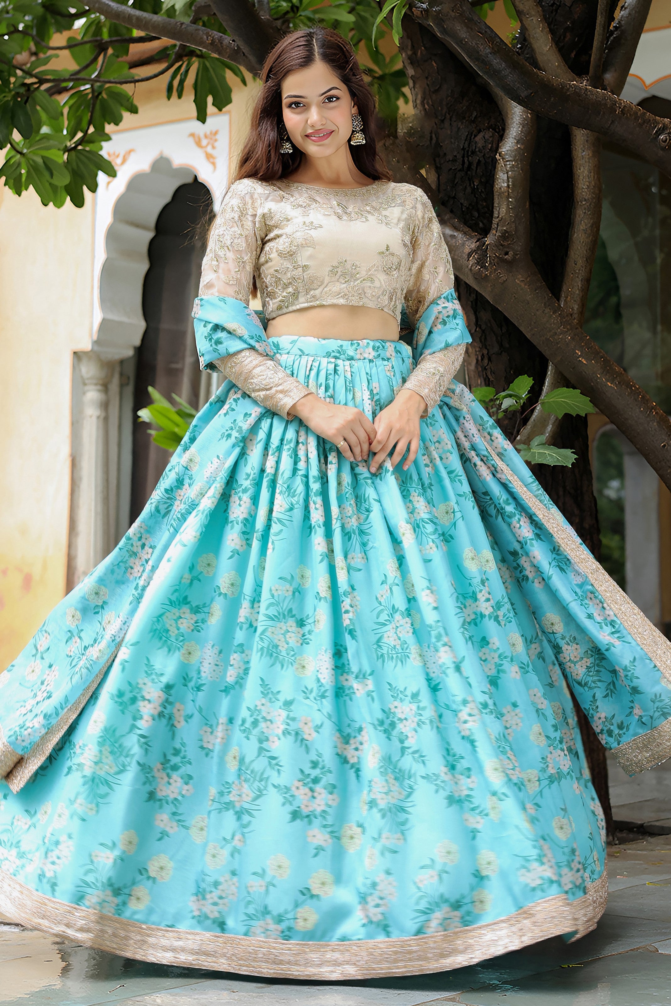 Turquoise Organza Floral Lehenga Choli For Indian & Pakistani Wedding Festival - Zari Work, Print Work, Sequence Embroidery Work