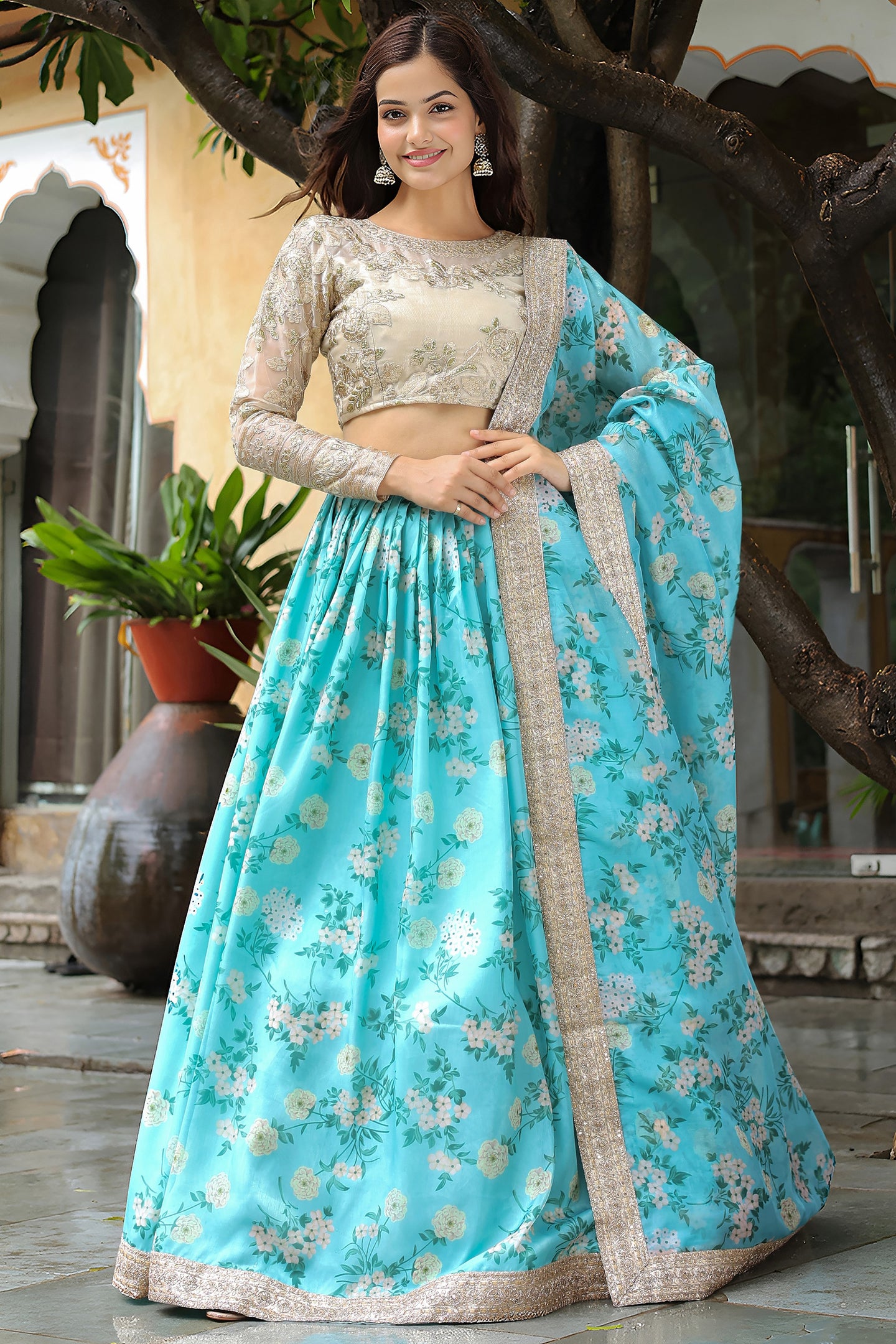 Turquoise Organza Floral Lehenga Choli For Indian & Pakistani Wedding Festival - Zari Work, Print Work, Sequence Embroidery Work