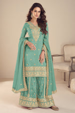 Turquoise Simmer Silk Embroidery Palazzo Suits for Women
