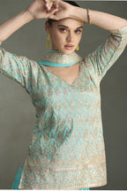 Firozi Simmer Silk Plazo Suit Design for Wedding with Sequins Work