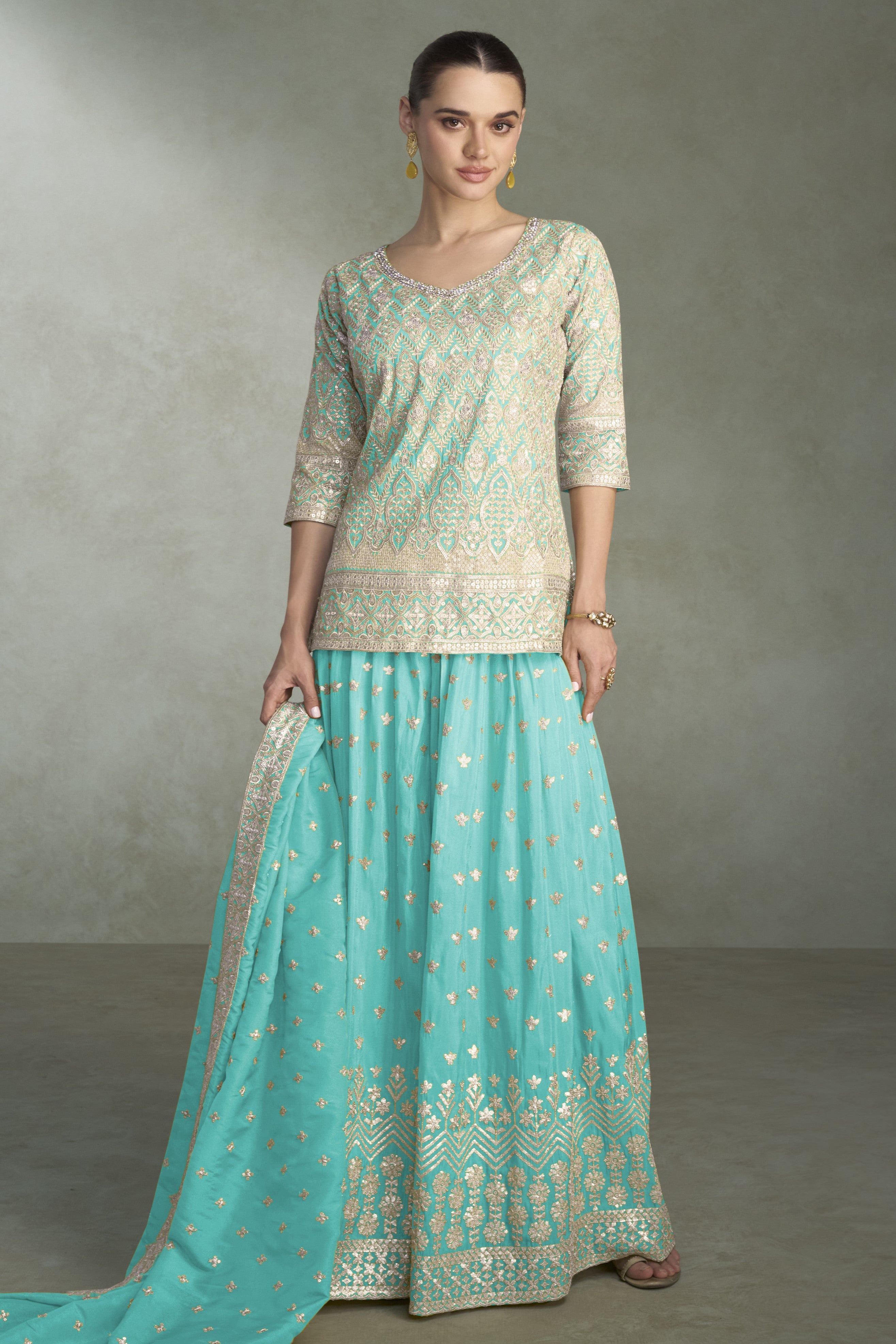 Firozi Simmer Silk Plazo Suit Design for Wedding with Sequins Work