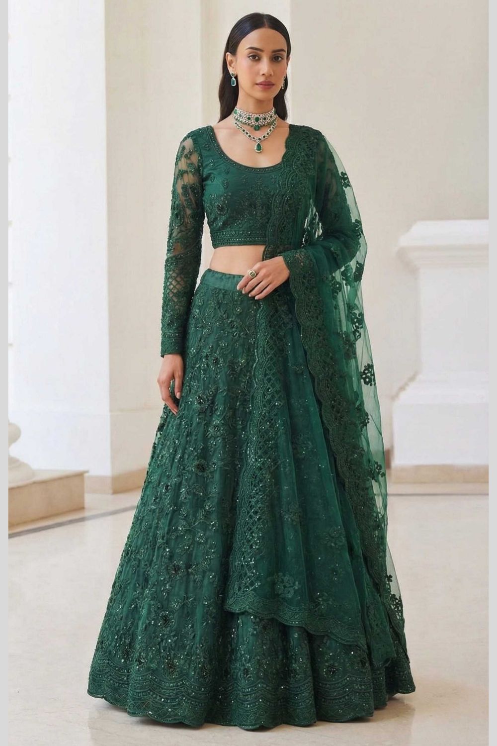 Dark Green Mehndi Outfits - Net Lehenga Choli with Thread Embroidery