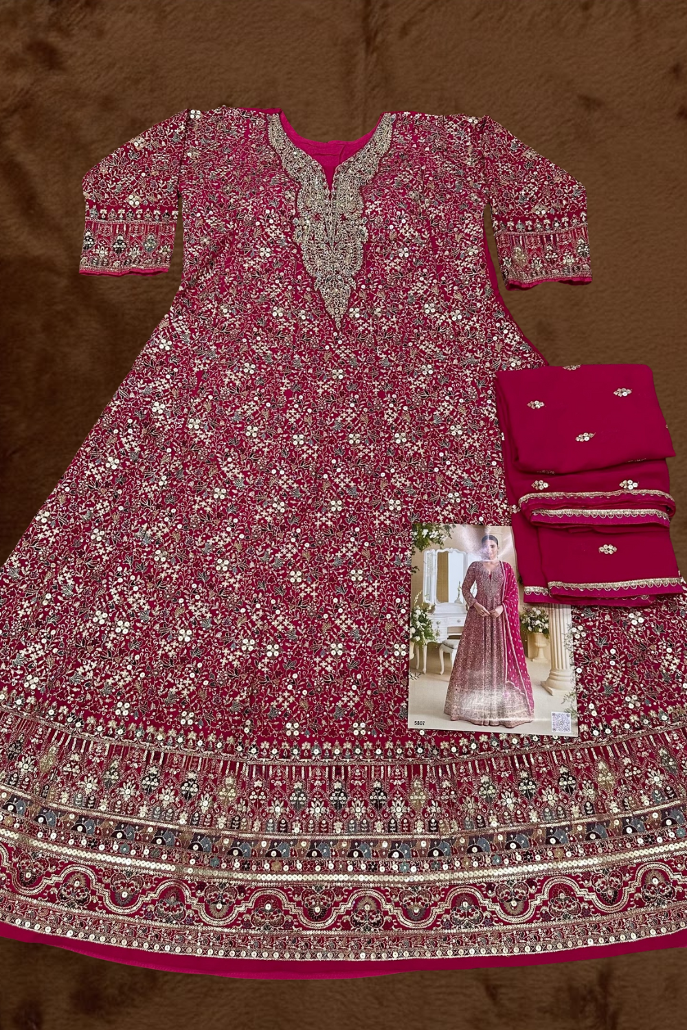 Rani Pink Georgette Anarkali Suit For Indian & Pakistani Wedding Festival - Thread & Sequins Embroidery Work, Swarovski Work