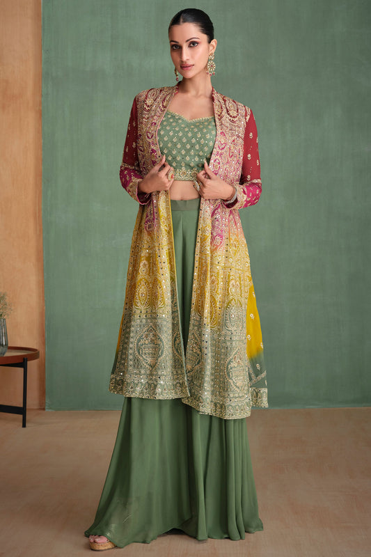 Dusty Green Georgette Lengha For Indian Festivals & Pakistani Weddings Dress - Embroidery Work, Mirror Work