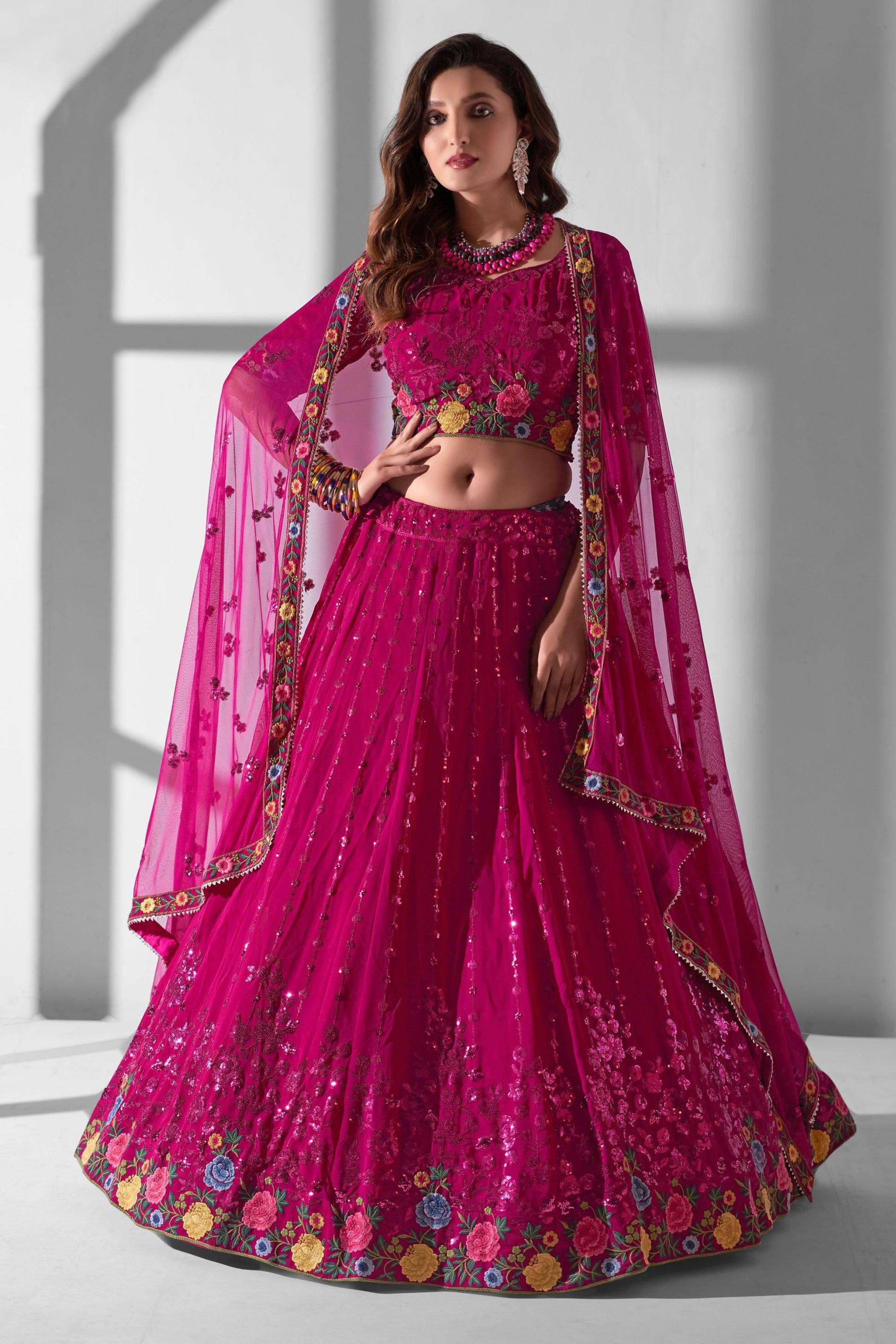 Pink Georgette Flower Embroidered Lehenga Choli For Indian Festivals & Weddings - Sequence Embroidery Work, Thread Embroidery Work