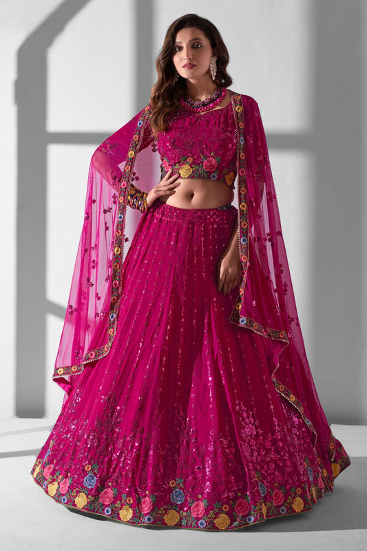 Pink Georgette Flower Embroidered Lehenga Choli For Indian Festivals & Weddings - Sequence Embroidery Work, Thread Embroidery Work