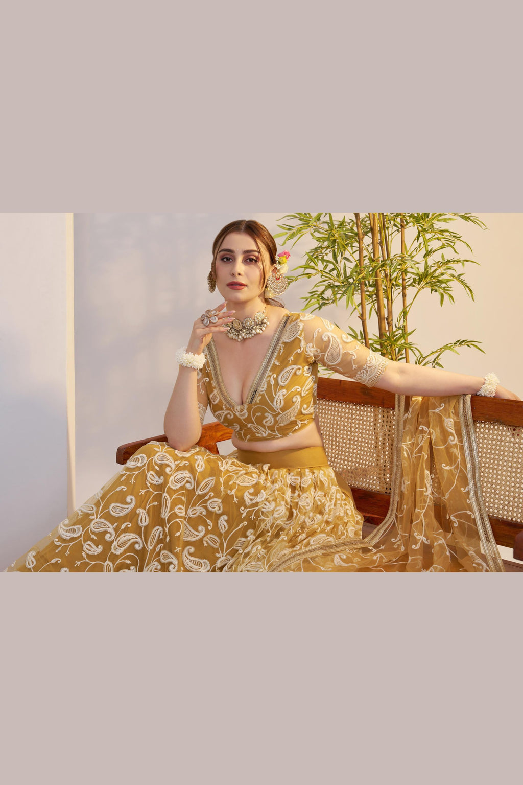 Golden Yellow Net Haldi Lehenga Choli For Indian & Pakistani Wedding Festival - Sequins & Thread Embroidery Work