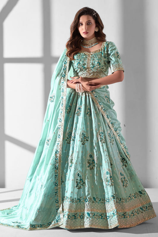 Sky Blue Organza Flower Embroidered Lehenga Choli For Indian Festivals & Weddings - Sequence Embroidery Work, Thread Embroidery Work