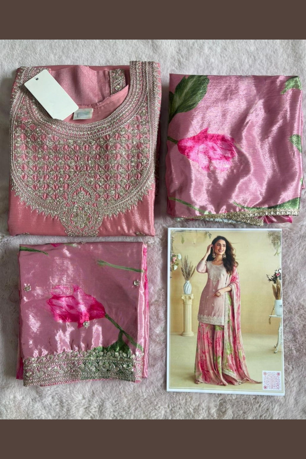 Baby Pink Chinon Silk Sharara Suit For Indian & Pakistani Wedding Festival - Thread & Sequins Embroidery Work, Print Work