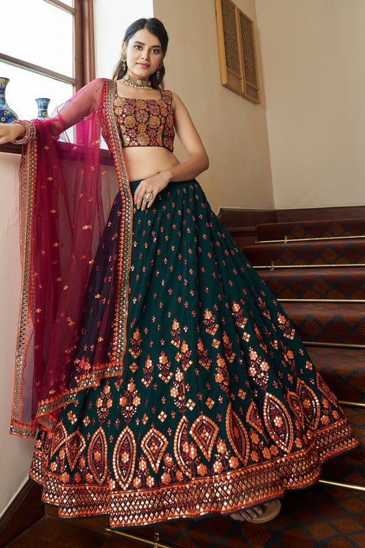 Green Pakistani Georgette Lehenga Choli For Indian Festivals & Weddings - Sequence Embroidery Work, Thread Embroidery Work,
