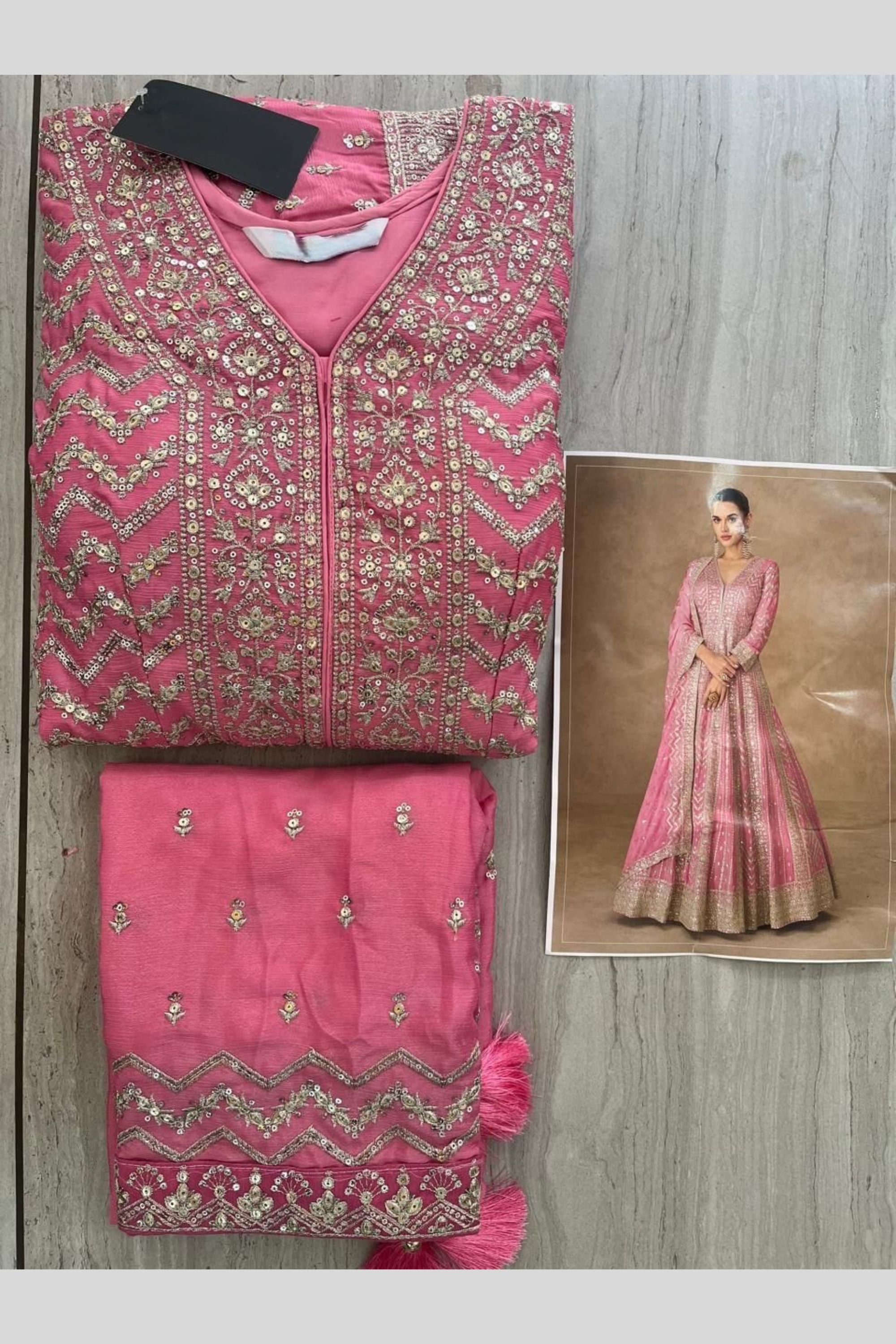 Pink Chinon Silk Anarkali Suit For Indian & Pakistani Wedding Festival - Thread Sequence Embroidery