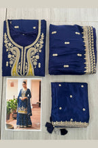 Blue Chinon Silk Plazo Suit For Indian & Pakistani Wedding Festival - Sequence & Thread Embroidery Work, Dori Work