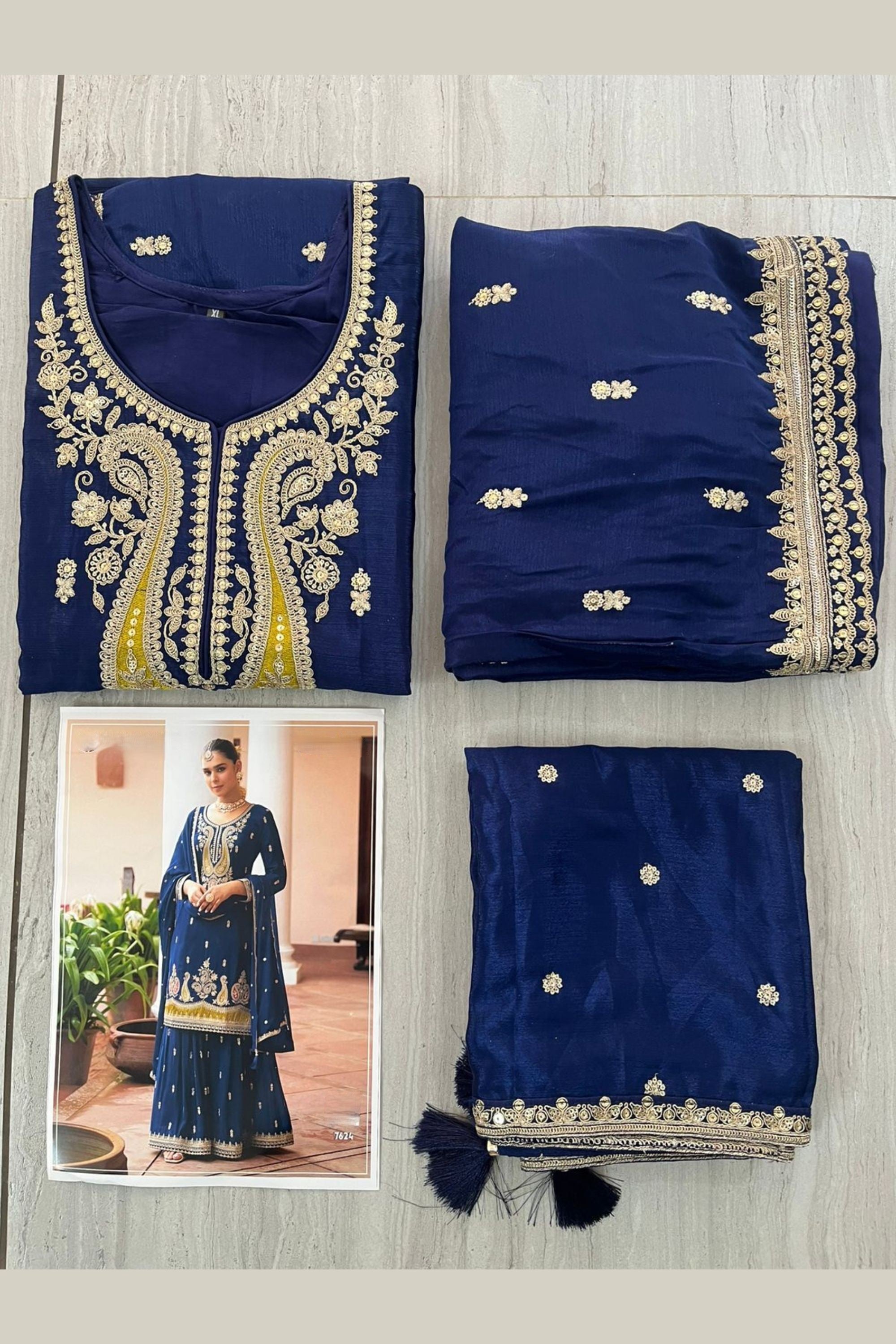 Blue Chinon Silk Plazo Suit For Indian & Pakistani Wedding Festival - Sequence & Thread Embroidery Work, Dori Work