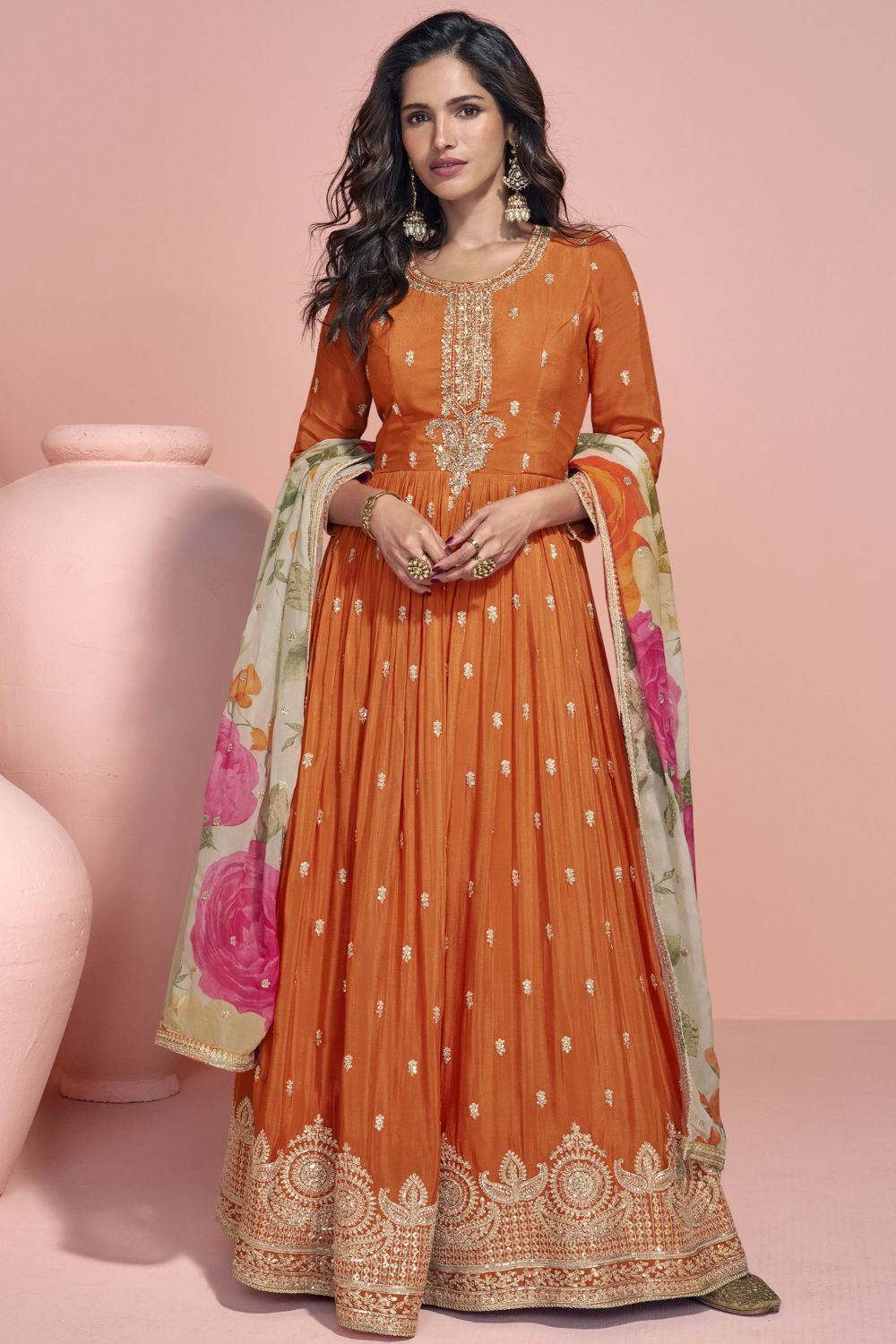 Orange Chinon Silk Long Anarkali for Wedding Reception Gowns Indian - Embroidery Work