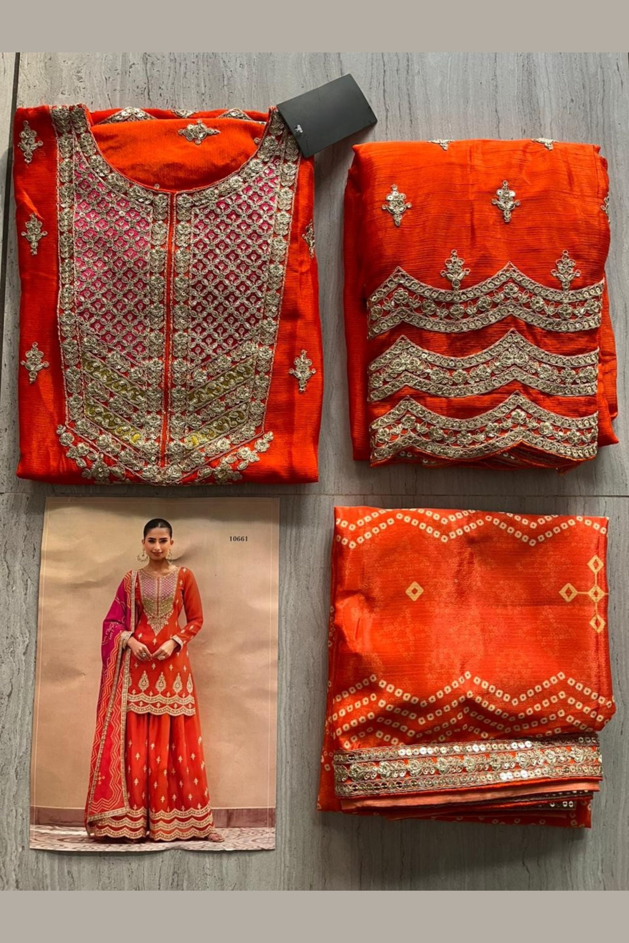 Orange Chinon Silk Plazo Suit For Indian & Pakistani Wedding Festival - Sequins & Thread Embroidery Work, Print Work