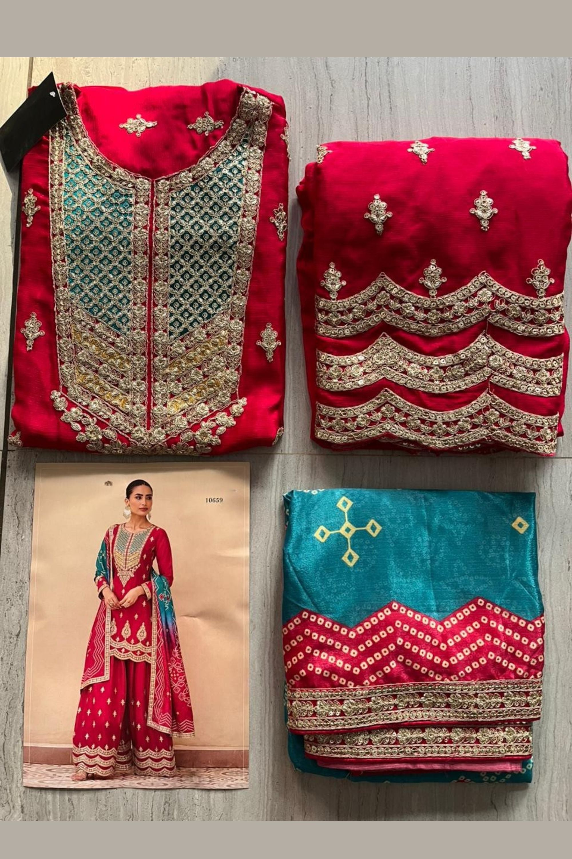 Red Chinon Silk Plazo Suit For Indian & Pakistani Wedding Festival - Sequins & Thread Embroidery Work, Print Work