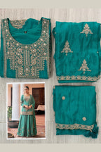 Teal Chinon Silk Plazo Suit For Indian & Pakistani Wedding Festival - Sequence & Thread Embroidery Work, Dori Work