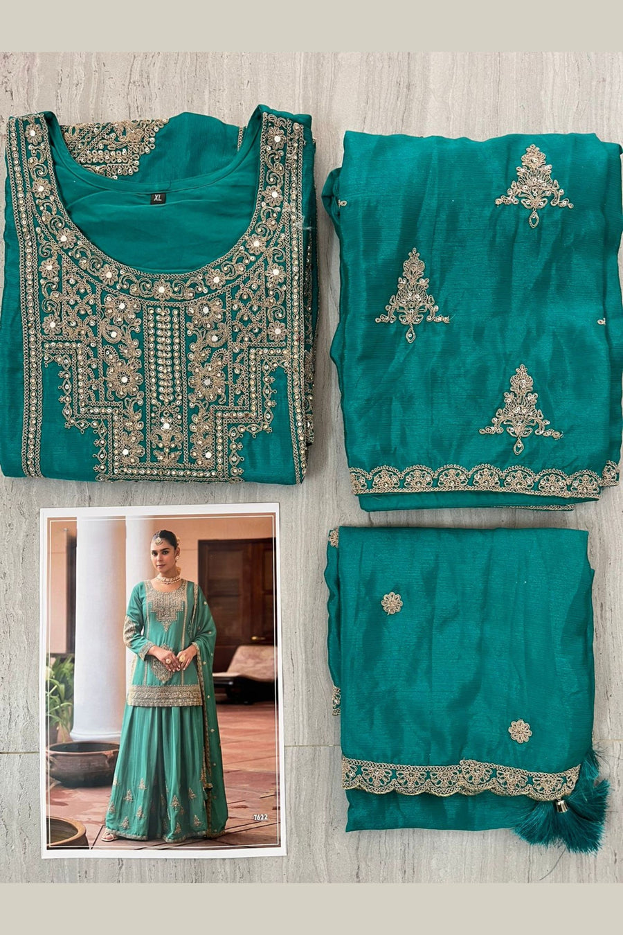 Teal Chinon Silk Plazo Suit For Indian & Pakistani Wedding Festival - Sequence & Thread Embroidery Work, Dori Work