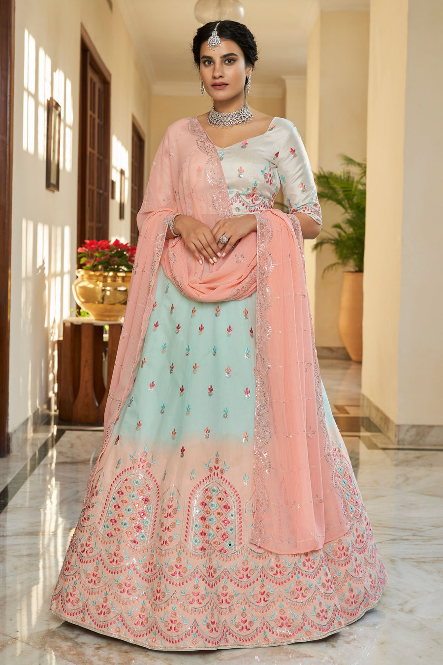 Sky Blue Art Silk Lehenga Choli For Indian Festivals & Weddings - Sequence Embroidery Work, Thread Work
