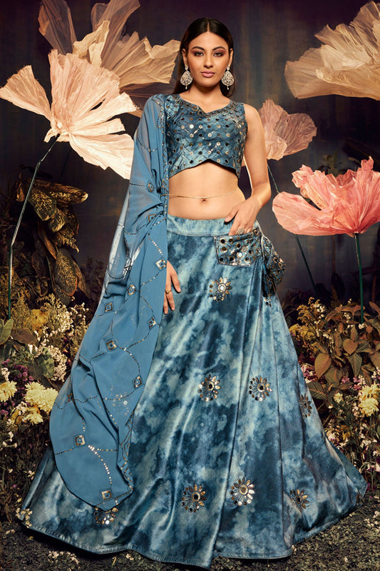 Teal Printed Velvet Lehenga Choli For Indian Festivals & Weddings - Print Work, Sequence Embroidery Work, Mirror Work