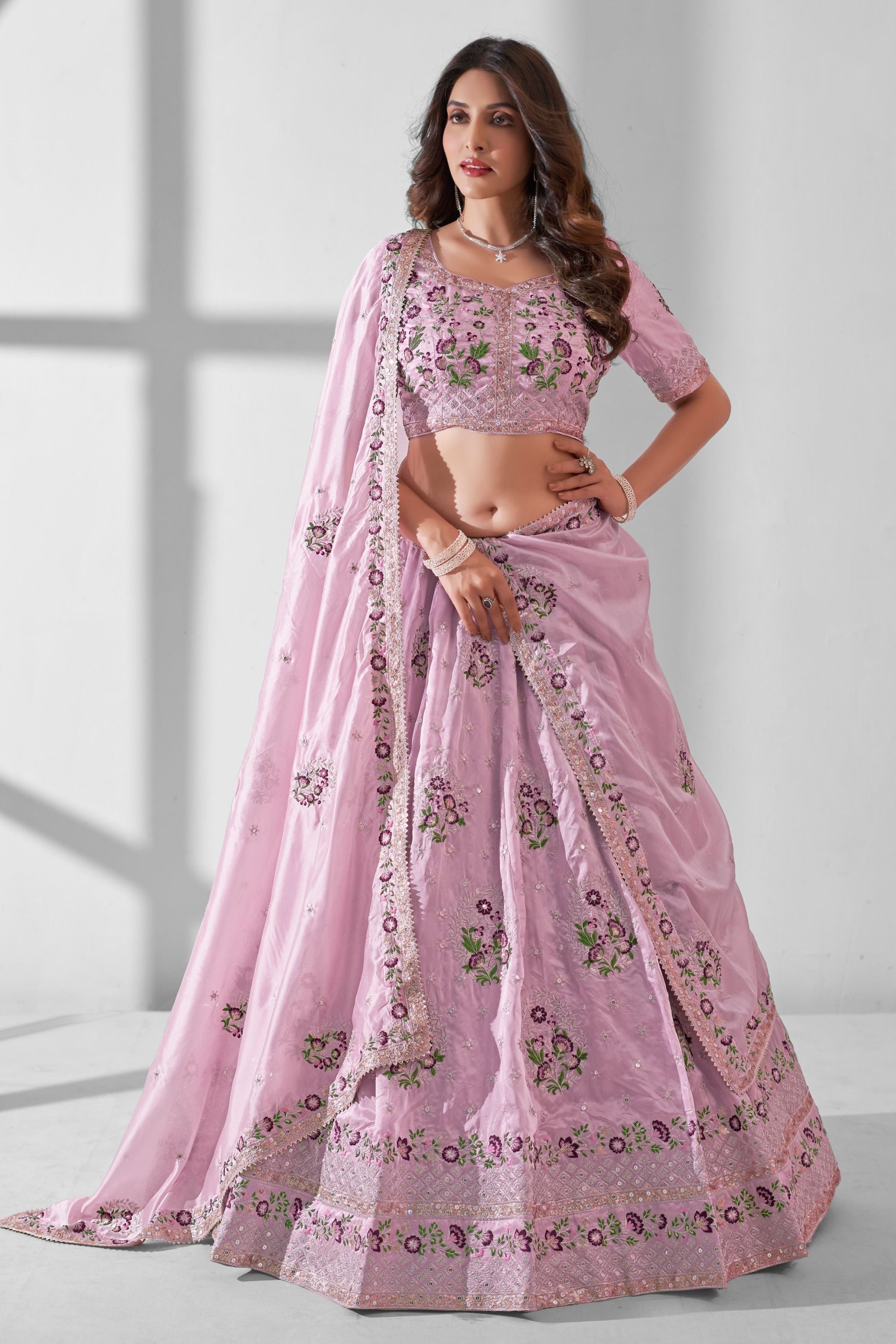 Light Pink Blue Organza Flower Embroidered Lehenga Choli For Indian Festivals & Weddings - Sequence Embroidery Work, Thread Embroidery Work